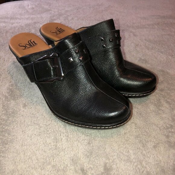 SOFFT Womens Black Pebbled Leather Mules Clogs Studded Buckle Detail - Picture 1 of 9